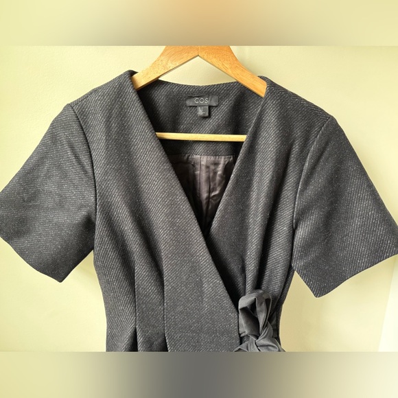 COS Tie Up Wool Wrap Dress Striped Fit & Flare Pleated Feminine Gray Girly 4 - Picture 3 of 7